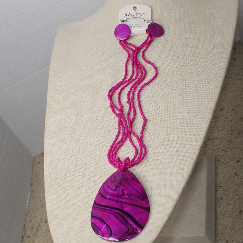My Style Jewelry Set‎ Fuchsia Seed Bead Multi Strand Shell Pendant Earrings Pink